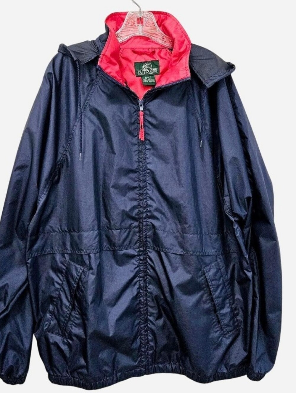 Bass Pro Shops Outdoors Navy Red Front Zip Hooded Windbreaker/Rain Jacket XL/T